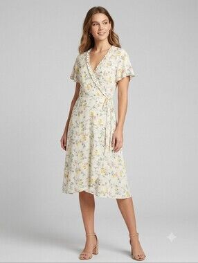 LOFT Floral Wrap Dress Size 6 Ruffle Neckline Summer Midi Cottagecore Romantic